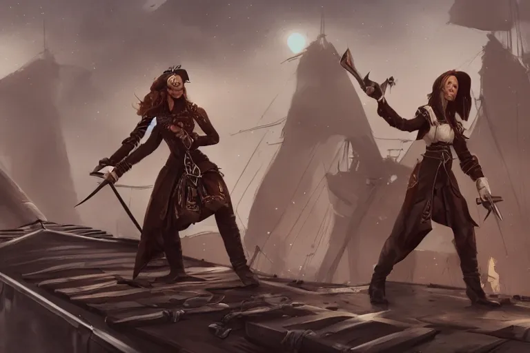 Image similar to a pirate lady wearing long dark clothes holding dual swords with her hands in a ship deck, digital painting, mixed media, trending on artstation and deviantart, epic composition, highly detailed, 8 k