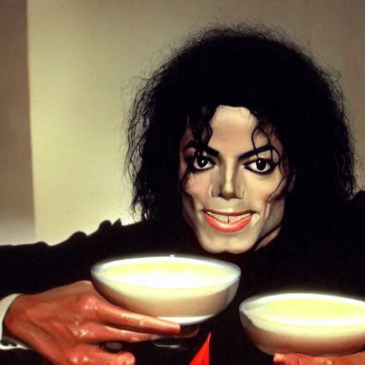 Image similar to michael jackson with a creepy smile, bathing in a pool of milk