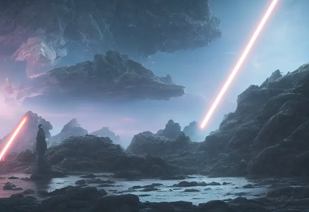 Image similar to a dramatic epic ethereal stunning beautiful and insanely detailed matte painting of a Star Wars movie still, lens flares, atmospheric!! and vaporwave composition, digital art by John Martin and Simon Stalenhag, winning-award masterpiece, fantasy, octane render, 8K HD Resolution, High quality image