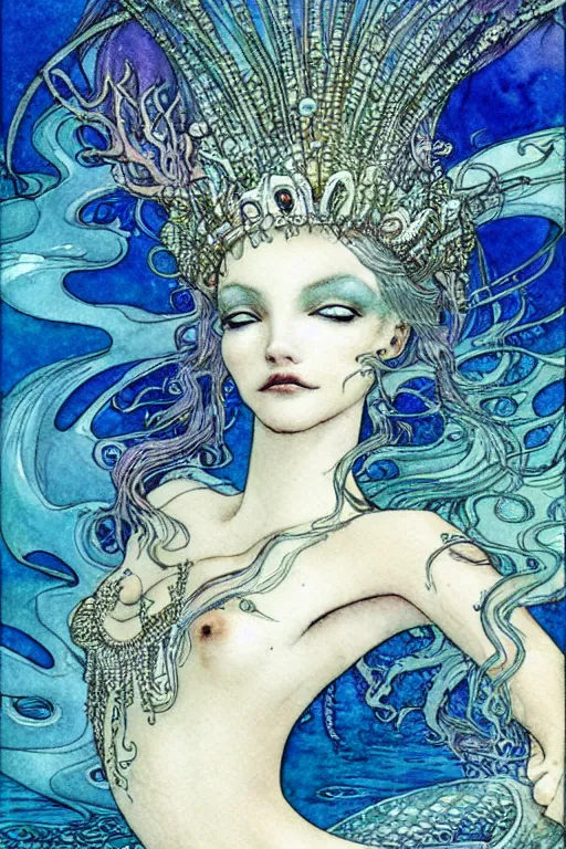 Image similar to mermaid queen closeup face surrounded by swirling water, art by luis royo and walter crane and kay nielsen, watercolor illustration, sharp focus