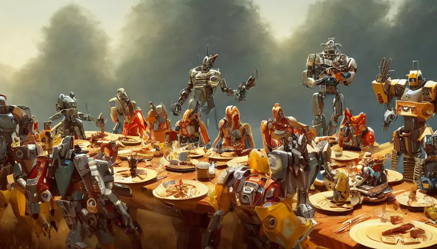 Image similar to a table dinner of transformers robots where robots are dressed like the characters from the midsommar movie, realistic detailed digital art by maxwell boas jessica rossier christian dimitrov anton fadeev trending on artstation cgsociety rendered in unreal engine 4 k hq