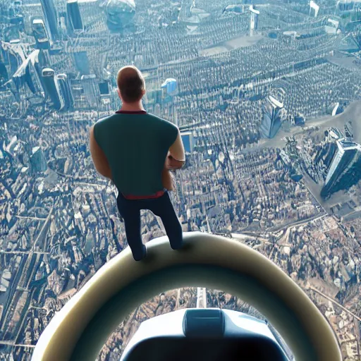 Image similar to giant man looking at people from the sky, high definition movie, photorealistic detail, futuristic production, adventure movie, 8 k