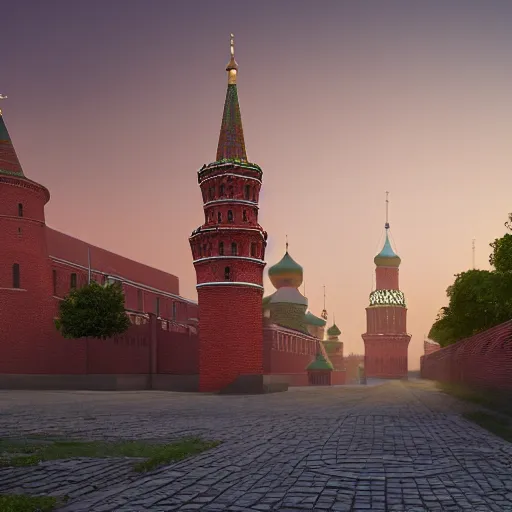 Image similar to chinese - style kremlin and chinese st. basil's cathedral on wide stone square at dawn, portrait of mao on the kremlin, gentle dawn, ultrarealistic, hd, octane rendering, by ivan shishkin and andrei tarkovsky