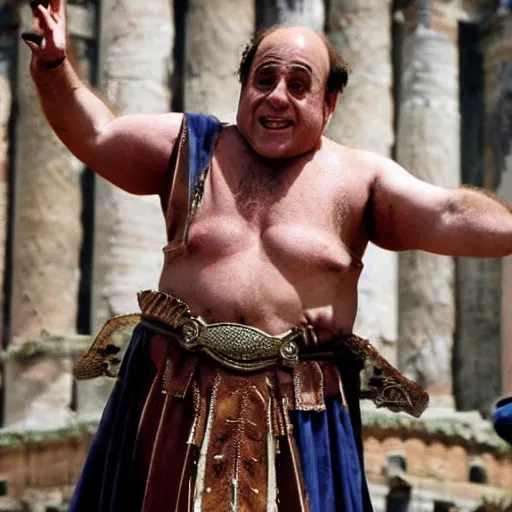 Image similar to Danny DeVito dressed as a gladiator in the streets of Ancient Rome