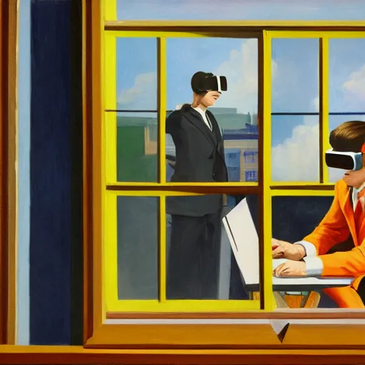 Prompt: A fine art painting of a man wearing Vr goggles dressed in tech wear and creating the metaverse at a desk through a window on a British street. In the style of Edward Hopper and Wes Anderson