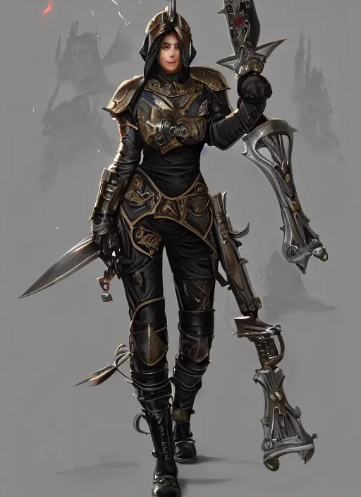 Image similar to beautiful female inquisitor, warhammer 40k, leather armor, bolt pistol in one hand, chainsword in the other, tight leather leggins, full body, ultra facial detail, Tooth Wu Artgerm Greg Rutkowski artstation deviantart, 8k, fanart, extreme aesthetic