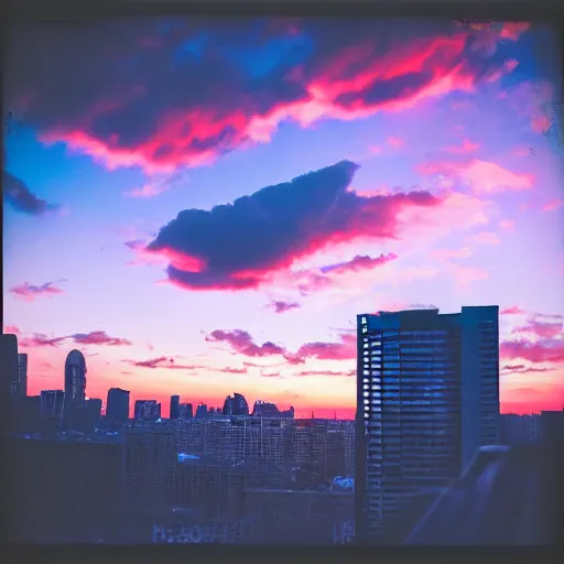 Prompt: instant photograph of the sky, polaroid, raw, beautiful, sunset, clouds, city