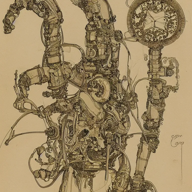 Image similar to detailed, intricate technical drawings on parchment from 1 8 4 0, with labels and notes, for a beautiful, symmetric, art nouveau robotic arm holding a paintbrush, by ron cobb and alphonse mucha