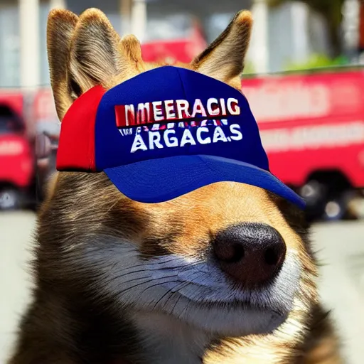 Prompt: doge wearing a make america great again cap, realistic, 8 k,