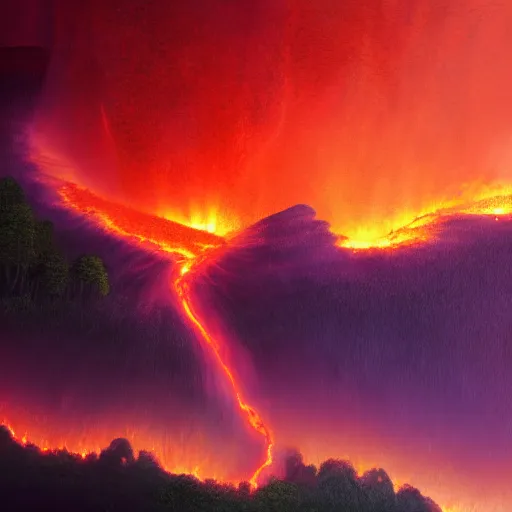 Prompt: fiery trees, lava on the flow, sky is glowing purple, award winning concept art, Thomas Cole, Trending on Artstation, 4k, 8k