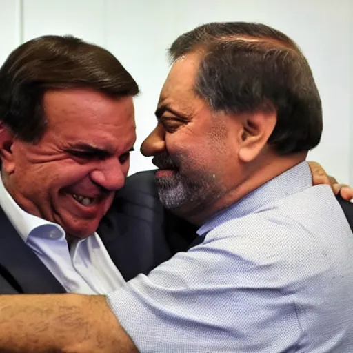 Image similar to Jair Bolsonaro hugging Luis Inacio Lula da Silva.