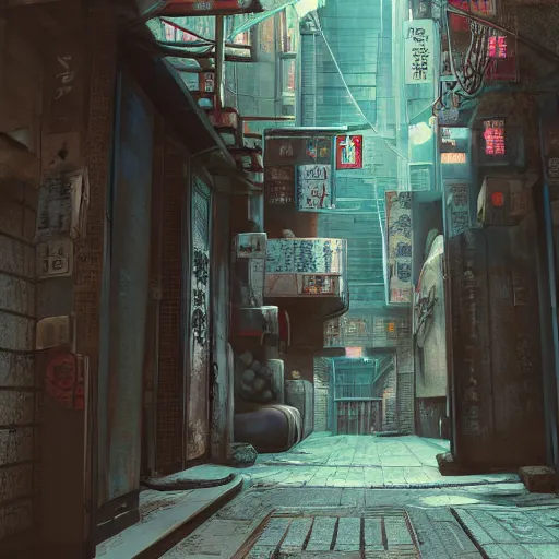 Prompt: a narrow alley with a sign in the middle of it, cyberpunk art by pan tianshou, cgsociety contest winner, shin hanga, unreal engine 5, rendered in unreal engine, world captured through photogrammetry and dissolved with real - time vfx