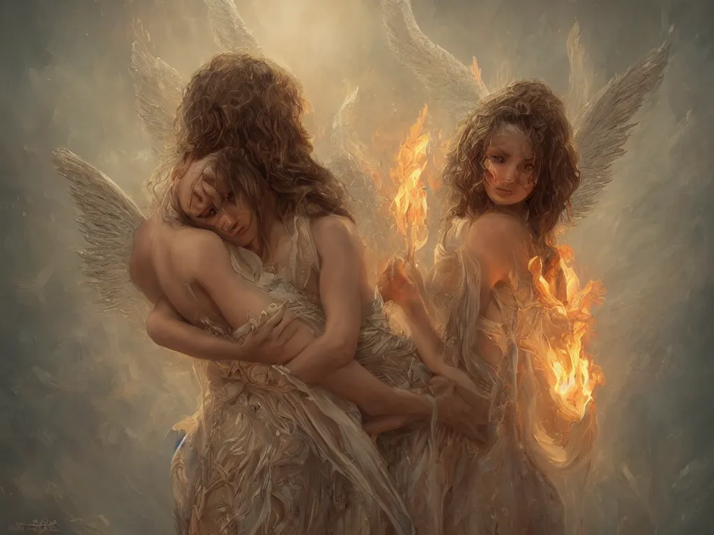 Image similar to angel holding a burning man in his arms, fantasy art, award winning, fantasy magic, intricate, elegant, sharp focus, cinematic lighting, highly detailed, digital painting, concept art, art by wlop and artgerm, masterpiece, trending on artstation, 8 k