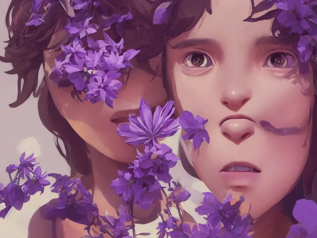 Prompt: kid with symmetrical beauty face, purple flowers of marijuana hemp cannabis, behance hd, by jesper ejsing, by rhads, makoto shinkai, lois van baarle, ilya kuvshinov, rossdraws global illumination, golden ratio