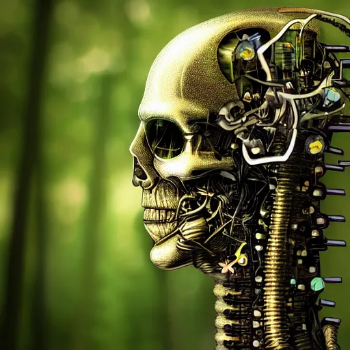 Prompt: super detailed portrait of a terminator's head, packed with cybernetics and and borg enhancements. In a forest with bokeh. Lots of round Gears visible. Vegetation is growing out of the head