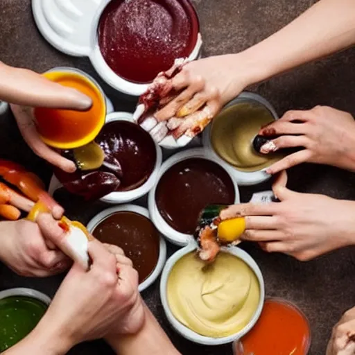 Image similar to people fighting over condiments, messy, condiment fight