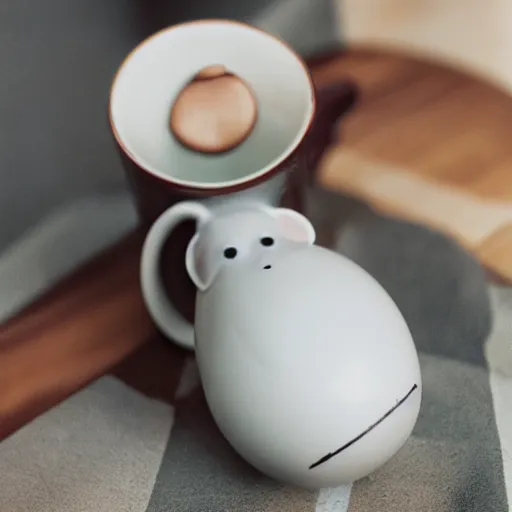 Image similar to a studio photoshoot of a collectible mug with fat mouse shape, special ceramic materials, Off-White, realistic, color film photography by Tlyer Mitchell, 35 mm, graflex