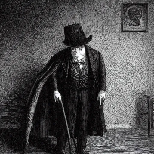 Image similar to a pig in a tuxedo, creepy atmosphere, dark, portrait, realistic, very realistic, illustration by Gustave Doré