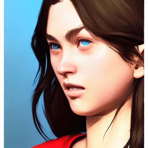 Image similar to portrait of a brunette thin teenager girl with blue eyes wearing school uniform in gta 5, light stubble with red shirt, inside modern school ,digital art,photorealistoc,art by greg rutkowski,hyperdetailed,western comic style,comic,comic style,sharp lineart,professional lighting,deviantart,artstation,trevor henderson,rossdtaws,cinematic,dramatic