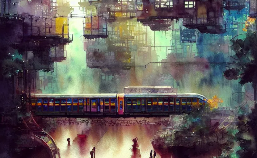 Image similar to an urban train rides inside of a waterway on a fantasy city. intricate, amazing composition, colorful watercolor, by ruan jia, by maxfield parrish, by marc simonetti, by hikari shimoda, by robert hubert, by zhang kechun, illustration, gloomy