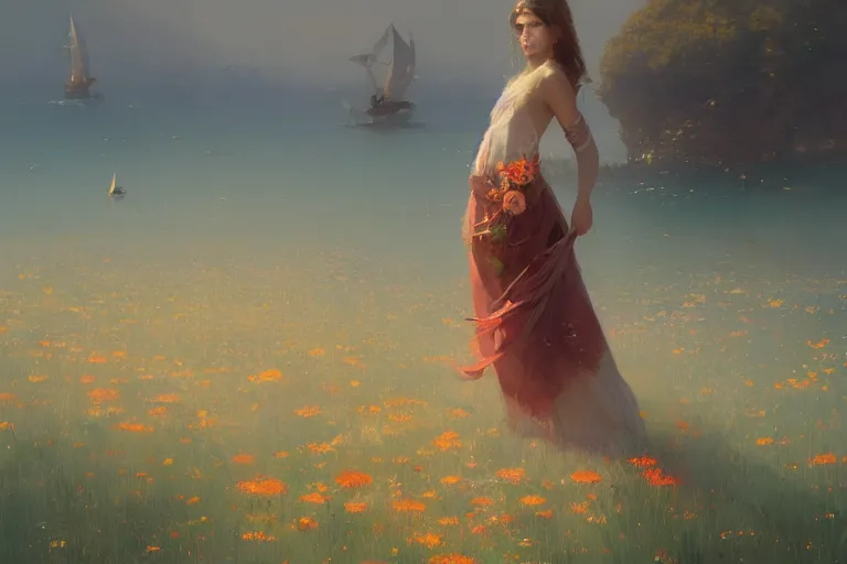 Image similar to a beautiful painting of the sea of flower, girl, by greg rutkowski, trending on artstation