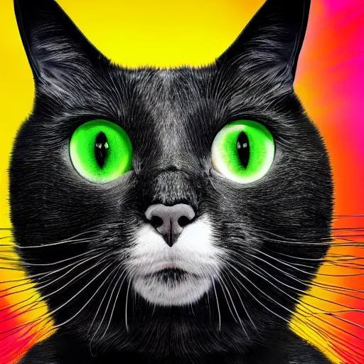 Image similar to Portrait of a black and white cat mob boss in space with colorful bright green eyes, medium shot, hd, 8k, hyper-realism, detailed, octane 8k,