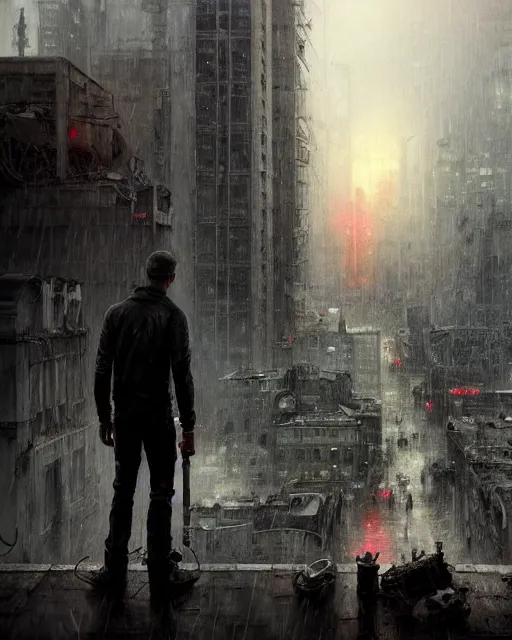 Prompt: epic portrait cinematic shot two survivors standing on a rooftop, apocalyptic city backround, cloudy, stormy, rainy, wet, fine details. night setting. realistic shaded lighting poster by craig mullism, artgerm, jeremy lipkin and michael garmash, unreal engine, radiant light, detailed and intricate environment, digital art, trending on art station,