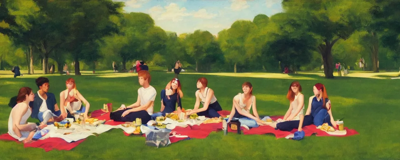 Image similar to a young generation z group of friends having a picnic in a central park manhattan new york on friday mid - summer of 2 0 2 2, in the style of an edward hopper painting