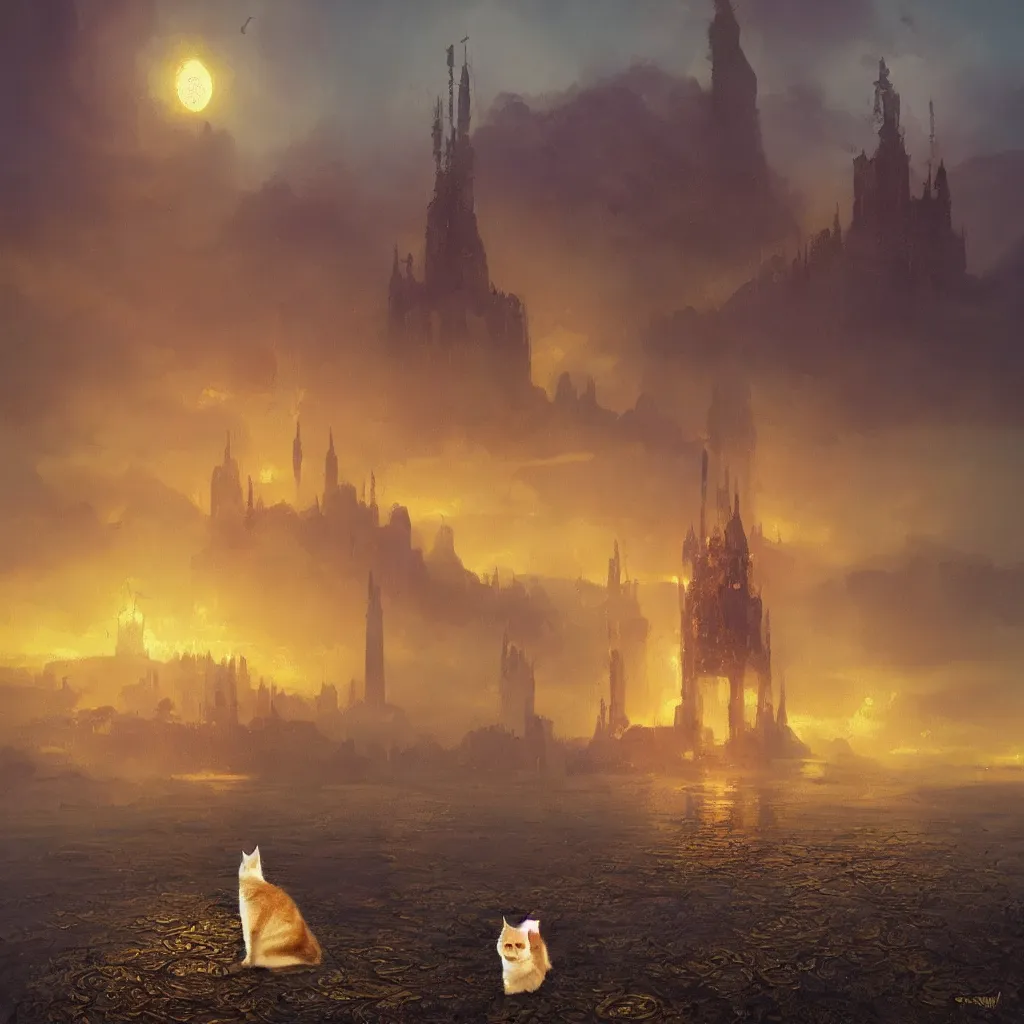 Image similar to lake filed with molten gold, volume lighting, cat on for ground and purple tower on back ground concept art, by greg rutkowski