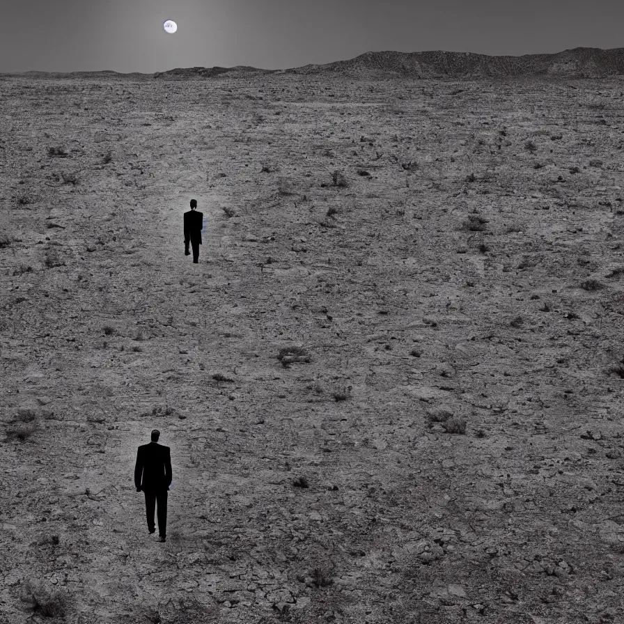 Image similar to a surreal landscape of a powerful man wandering in a vast desert lit by a frightening moon