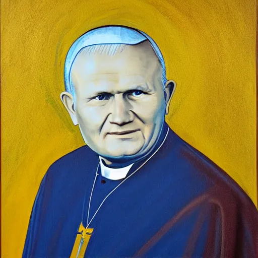 Image similar to award - winning painting of john paul ii with yellow skin, blue background