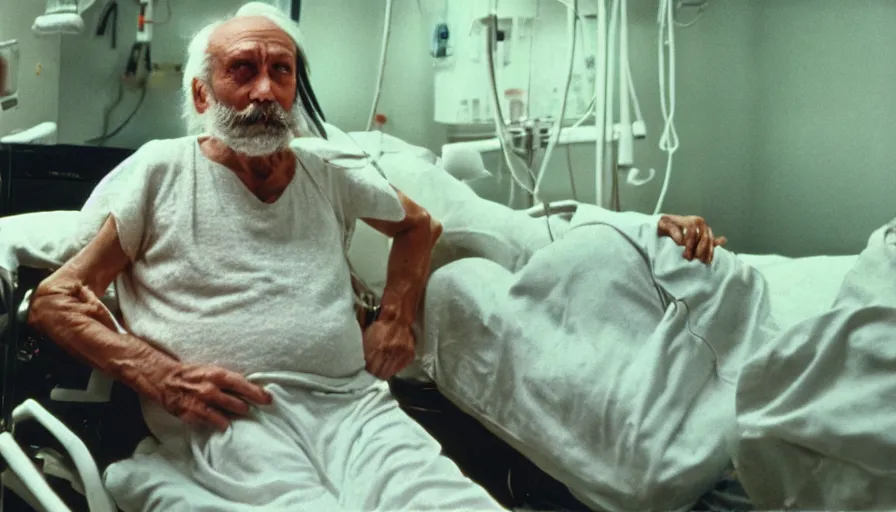 Image similar to 7 0 s movie still of a old man with a head on the chest in the hospital, cinestill 8 0 0 t 3 5 mm eastmancolor, heavy grain, high quality, high detail
