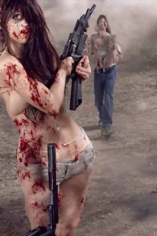 Prompt: a sexy girl with shotgun shooting at a gang of zombie, scene from movie