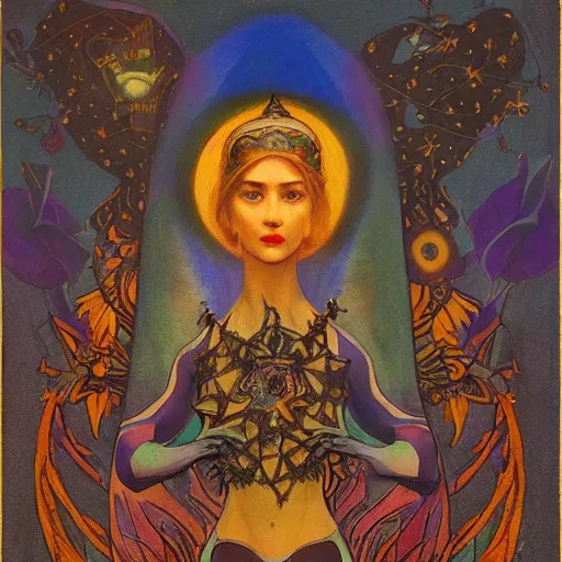 Image similar to queen of the dawn with her lantern and birds, by Annie Swynnerton and Nicholas Roerich, bioluminescent skin, floral tattoos, elaborate costume, geometric ornament, symbolist, smooth, sharp focus, extremely detailed, unreal engine