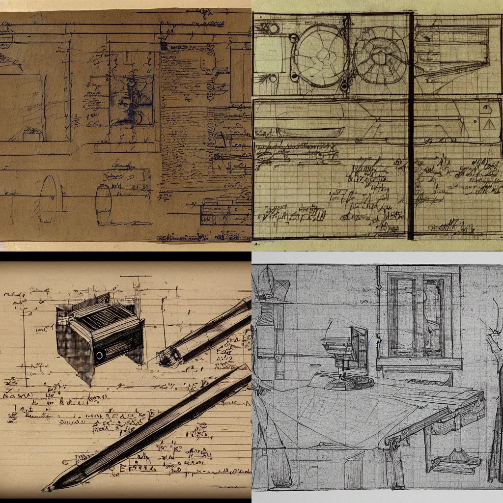 Prompt: blueprint of Thinkpad laptop drawn by leonardo davinci on papyrus paper, detailed sketch