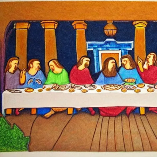 Image similar to last supper, drawn by a 5 year old detailed, sketh