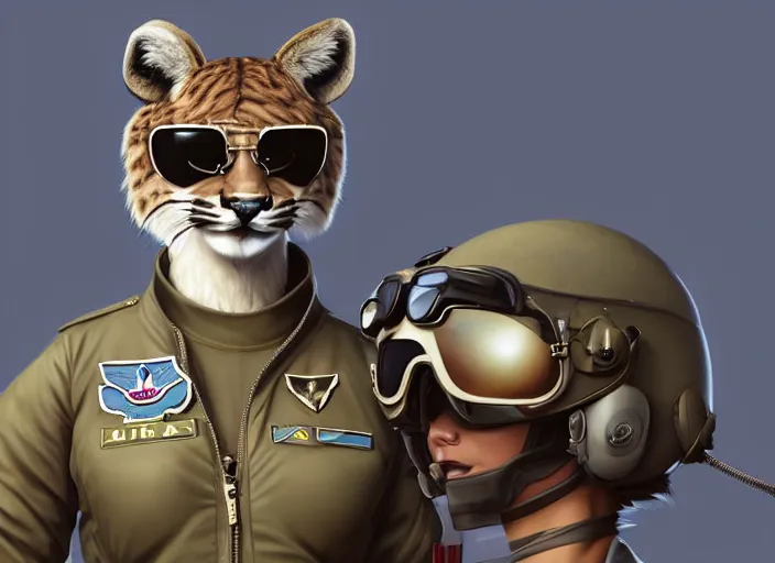 Prompt: character portrait feature of the anthro female anthropomorphic puma bobcat fursona wearing aviator sunglasses fighter jet pilot outfit uniform professional pilot for us air force character design stylized by charlie bowater, ross tran, artgerm, and makoto shinkai, detailed, soft lighting, rendered in octane, texas in background