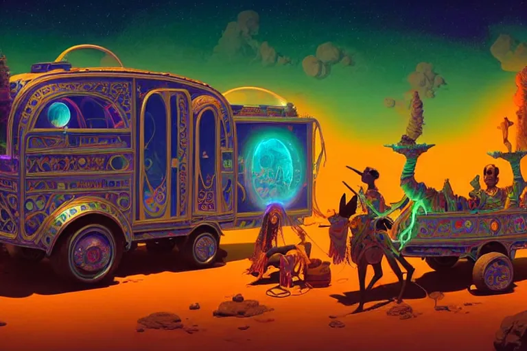 Image similar to a luminescent gypsy caravan by paolo eleuteri serpieri and tomer hanuka and chesley bonestell and daniel merriam and tomokazu matsuyama, unreal engine, high resolution render, featured on artstation, octane, 8 k, highly intricate details, vivid colors, vector illustration