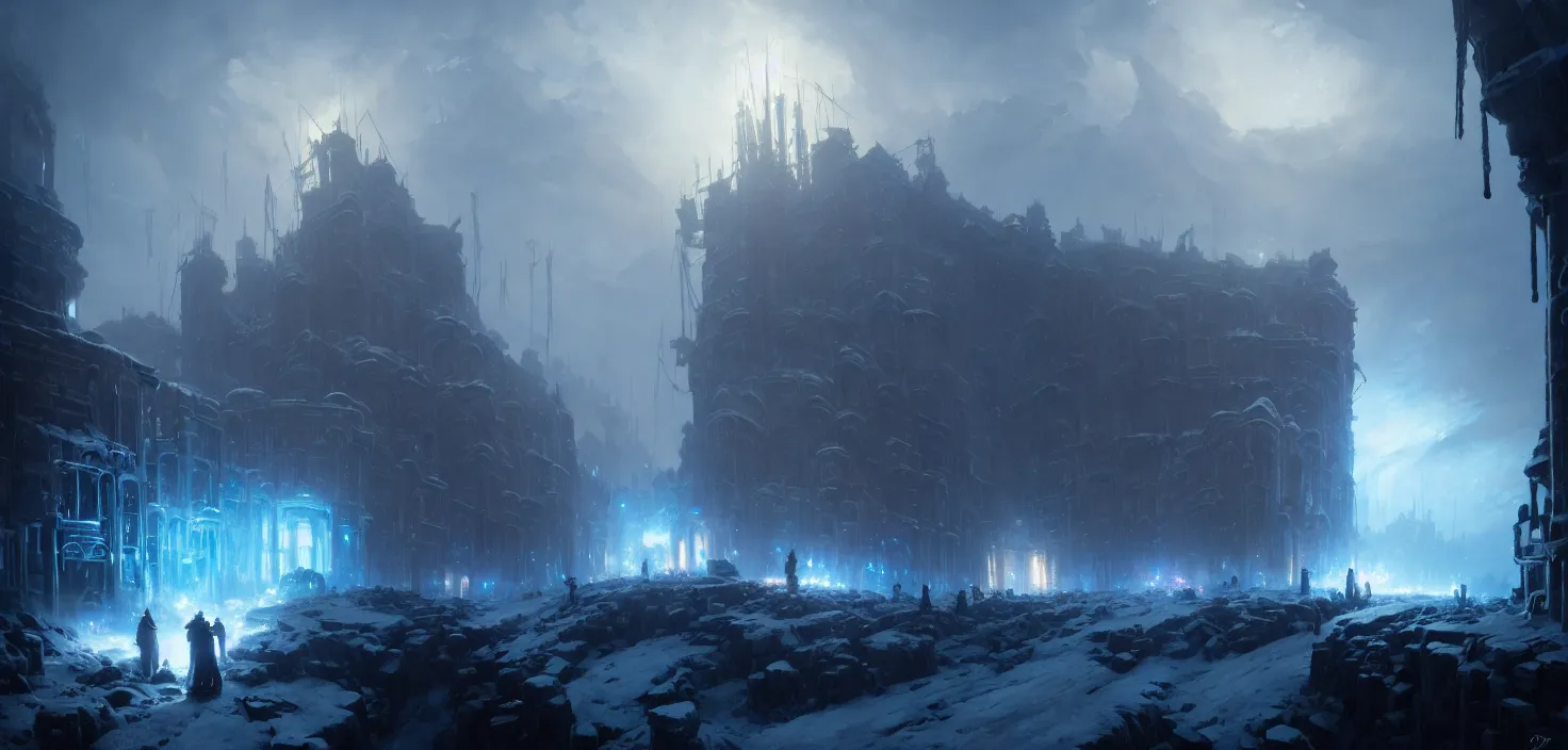 Prompt: frostpunk portal, cinematic view, epic sky, detailed, concept art, high detail, warm lighting, volumetric, godrays, vivid, beautiful, trending on artstation, by jordan grimmer, huge scene, art greg rutkowski