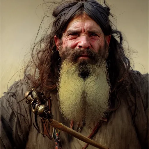 Prompt: highly detailed portrait of a poor town peasant in the form of a beautiful male dwarf with beard. d & d. art by donato giancola, eugene delacroix, ruan jia, carl larsson, peter mohrbacher. trending on artstation, intricate details, energetic composition, fantasy, concept art, illustration, elegant art, global illuminaition