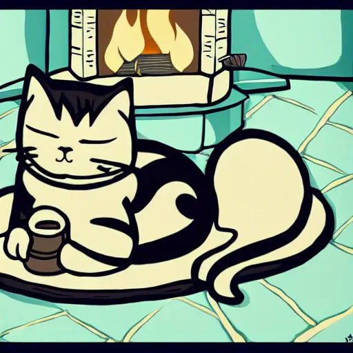 Image similar to Cat lying by the fire, anime, Kawaii, mcbess