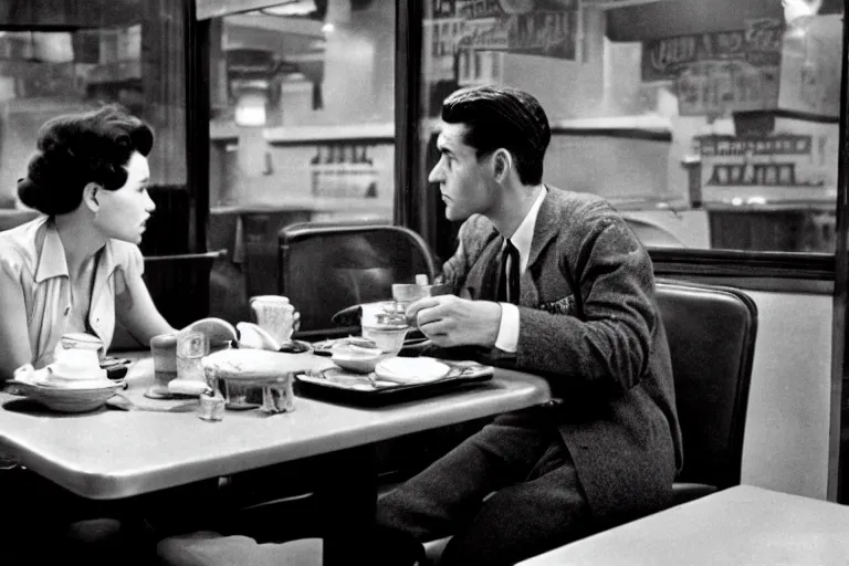 Image similar to beautiful couple arguing in a New York diner 1959s, by Roger Deakins