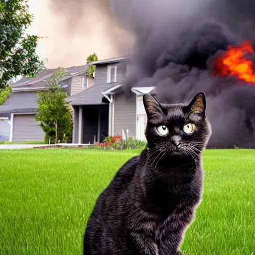 Image similar to an adorable ominous cat sitting in the yard of a two story home that is blazing on fire in the background behind the cat, real photo, evening