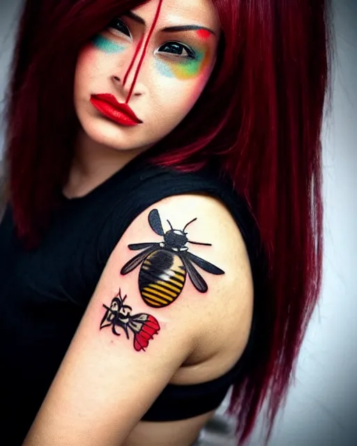 Prompt: a tattoo of bee movie on the face of a woman with crimson - black hair, cute crimson - black bee - themed outfit, cinematic lighting, beautiful composition