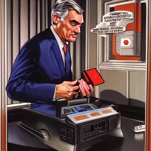 Prompt: jerome powell with a money printer by alex ross