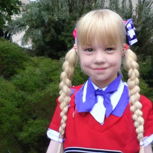 Image similar to beautiful girl, blonde hair in pigtails, with ribbons, schoolgirl uniform with tie, carrying a large backpack