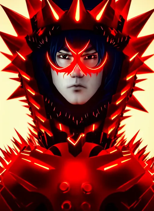 Image similar to a striking cinematic full body manga portrait of a long black haired masked male teenager wearing imposing red jagged spiked plate armour and glowing with raging powerful red energy by hirohiko araki and beeple, fine details, digital art, character concept art, volumetric lighting, cinematic light, photorealistic