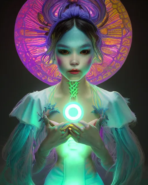 Image similar to a bioluminescent patchwork doll, highly detailed, digital painting, cinematic, hyperrealism, dark retrowave, art by stanley lau and artgerm and magali villeneuve and alphonse mucha, artstation, octane render