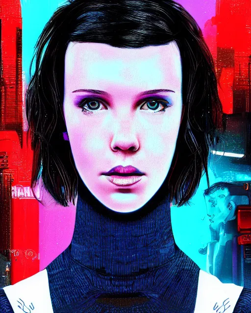 Image similar to digital art portrait of cyberpunk millie bobby brown