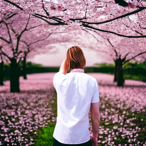 Prompt: kodak portra 4 0 0 photograph of a skinny blonde guy standing in field of cherry blossom trees, back view, flower crown, moody lighting, moody vibe, telephoto, 9 0 s vibe, blurry background, vaporwave colors, faded!,